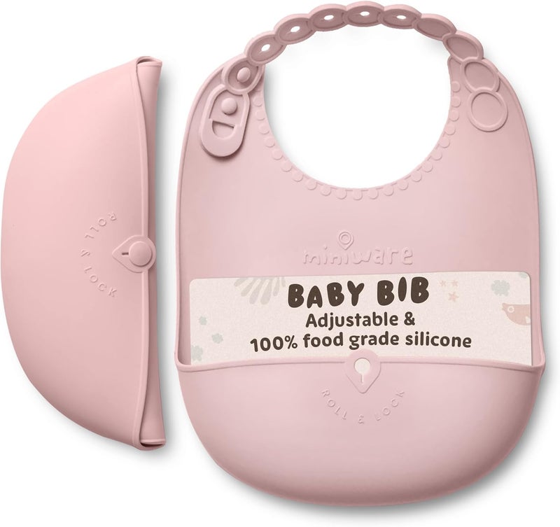 Miniware Roll and Lock Silicone Baby Bib - Adjustable Waterproof Bib for Easy Cleanup (Cotton Candy) - Image 1